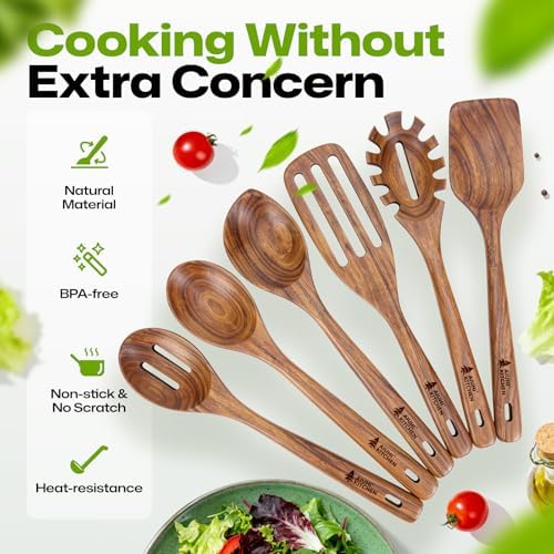 AIUHI Wooden Utensils Set of 6, Teak Wood Kitchen Utensils Set for Non-stick Cookware, Non-Toxic Wooden Spoons for Cooking-Durable, Comfortable Grip & Heat Resistant - Image 5