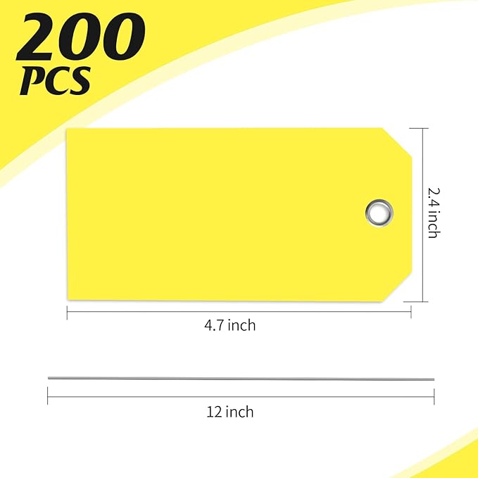 200 PCS 4 3/4" x 2 3/8" Neon Color Shipping Tags with Wire Paper Heavy Duty Hang Tags with Reinforcement Holes Writable Luggage Tag with String Durable Marking Tags (Neon Yellow, 4 3/4" x 2 3/8")