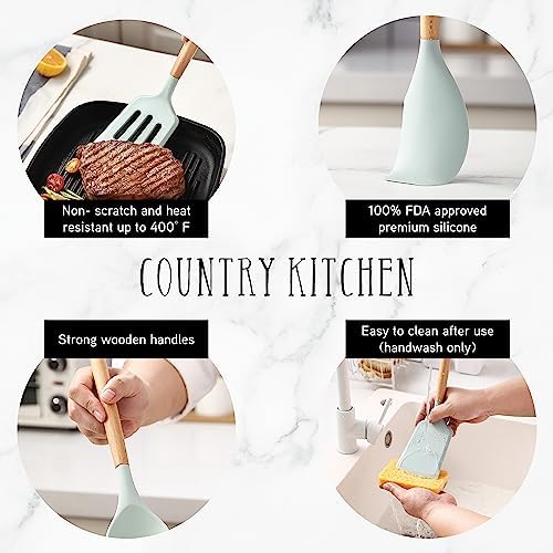 Country Kitchen Non Stick Silicone Utensil Set with Rounded Wood Handles for Cooking and Baking, 14 Piece Set, Mint - Image 2