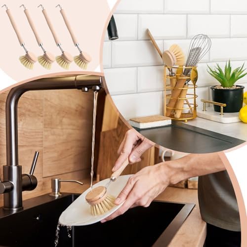 Maxdot 10 Pcs Kitchen Dish Brush with Beechwood Handle Natural Wooden Handle Scrub Brush Fiber Bristles Dish Scrub 2 Inch Replacement Head for Pots Pans Utensils Washing Supplies - Image 4