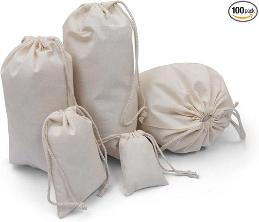 100Pcs 6 x 10 Inches Premium Cotton Muslin Double Drawstring Bags, Reusable Bag Natural Cotton Bags with Drawstring Produce Bags Bulk Gift Bag Jewelry Pouch for Party Wedding Home Storage