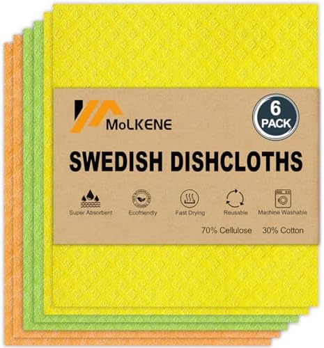 MoLKENE Swedish Dishcloths for Kitchen, 6 Pack Cellulose Sponge Cloths by MoLKENE