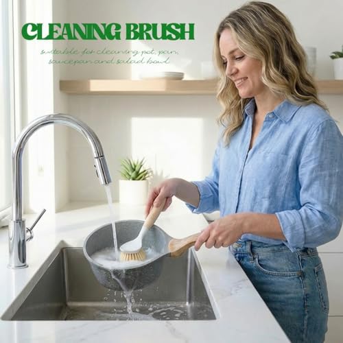 Dish Brush with Handle Wood Built-in Scraper, Scrub Brush for Pans, Pots, Saucepan, Kitchen Brushes for Sink and Stove, Yellow - Image 2