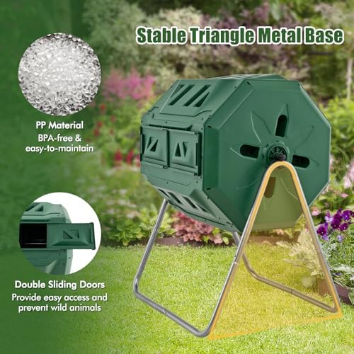 Goplus Compost Tumbler, 43 Gallon Rotating Compost Bin Barrel, Dual Chamber Tumbling Composter with Sliding Door, Gloves, Aeration System for Outdoor, Garden, Yard - Image 5