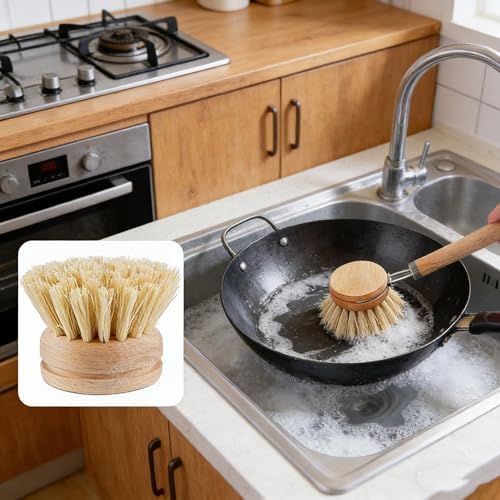 Wooden Dish Brush Set with 3 Replaceable Brush Heads,Natural Sisal Fibers Bristle Scrubber for Kitchen Cleaning,Ideal for Pots,Dishes,Pans,Vegetables and Sink,Durable and Eco-Friendly - Image 7
