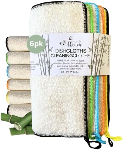 Whiffkitch Dishcloths Kitchen Dishrag Cleaning Scrub Reusable 6pk 9x9in by EcoFriendlyBambooCloths