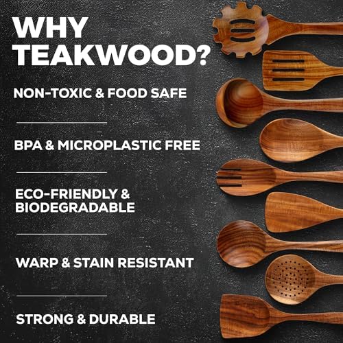 Zulay Kitchen 9-Piece Teak Wood Cooking Utensil Set – Non-Toxic & Non-Stick Safe Wooden Spoons & Kitchen Tools with Comfortable Grip, Smooth Finish Natural Teak – Perfect Kitchen Gift Set - Image 4