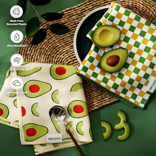 RECYCO Waffle Kitchen Towel Set of 2 - Quick Dry Microfiber Sustainable Dish Towels - Ultra Absorbent Reusable Cleaning Tea Towels - Lightweight Hand Towels,16”x 28”, Avocado Vibes - Image 3