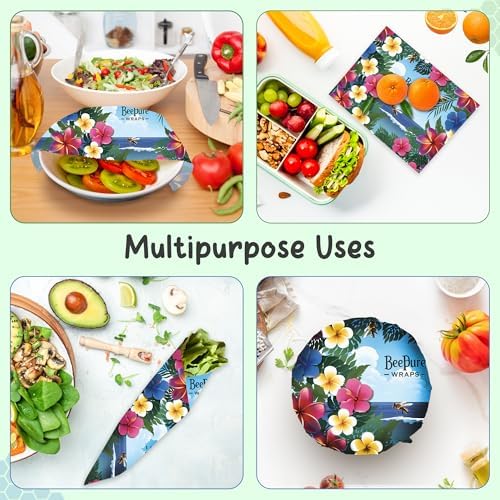 Reusable Beeswax Food Wrap Roll - Cut-to-Size 15 x 80 in, Eco-Friendly Food Storage Wrap, Tropical Hibiscus Bees in Paradise Design - Image 6