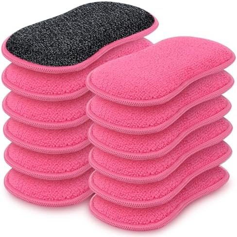 HOMEXCEL Dish Sponge 12 PK, Microfiber Kitchen Sponges for Cleaning, Pink by HOMEXCEL