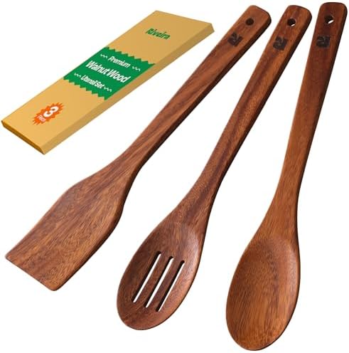 Riveira Walnut Wooden Spoons for Cooking Set of 3 – Natural Walnut Wooden Cooking Utensils, Spatula, Spoon - Premium Quality Utensil Set for Non-Toxic Cooking by Riveira
