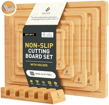 5 Packs Bamboo Cutting Board Set with Non Slip Feet Holder and Over Sink Nice Solid Thick Wood Juice Groove Chopping Board Small Big Xl XXl xlarge Oversized Kitchen Counter Organic Vegetable Meat Kit by Socisen