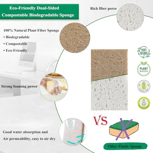 Natural Kitchen Sponge Compostable Kitchen Sponges Cellulose and Coconut Scrubber Abrasive Scrubbing Pads SmilePowo Environmentally Friendly Sponge for Dishes (12 Pack) - Image 5