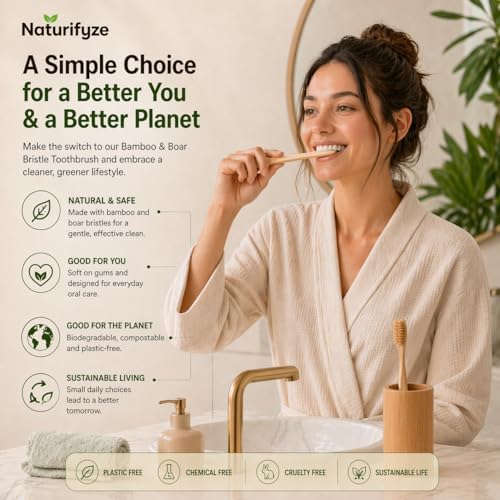 Boar Bristle & Bamboo Toothbrush (4 Pack) - Authentic Boar Bristles - Biodegradable - Plastic Free - Bamboo & Boar Bristle - Image 5