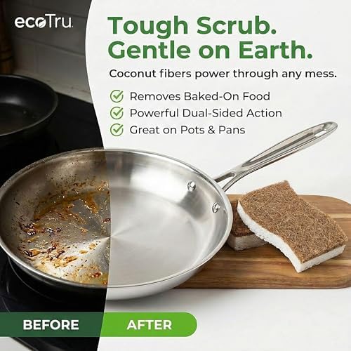 6 Pack Washing Up Sponges, Eco Kitchen Dish Cleaning Sponges, Biodegradable & Compostable Natural Cellulose Sponge with Coconut Fibre Scrubber, Non Scratch Heavy Duty Scouring Pad - Image 6