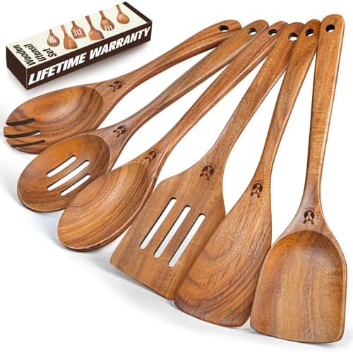 Wooden Spoons for Cooking, 6 Pcs Natural Teak Wooden Kitchen Utensils Set, Cooking Utensils Set with Long & Comfort Grip, Wooden Spoons Spatula Set Perfect for Non-Stick Cookware by Unknown