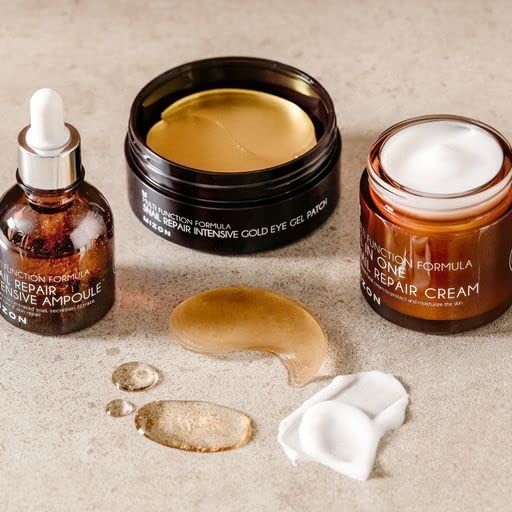 MIZON Multifunction Total Care Set Skincare routine with 24K Gold Snail Eye Patches (30 pairs) All in One Snail Repair Cream (2.53Fl Oz) and Snail Repair Intensive Ampoule (1.01Fl Oz)
