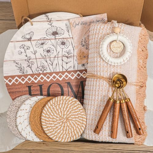House Warming Gifts New Home,New Home Gift Ideas,Rustic Farmhouse Housewarming Gifts Set with Wooden Door Wreaths,Throw Blanket,Measuring Spoons & Coasters,Closing Gift for House Buyers by StoFurry