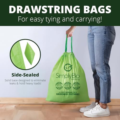 Simply Bio 13 Gallon Compostable Organic Bags Liners Drawstring, Heavy Duty Extra Thick 1 Mil, 49.21 Liter, 30 Bags, Tall Kitchen Food Scrap Waste Bag, ASTM D6400, US BPI and OK Compost Home Certified - Image 3