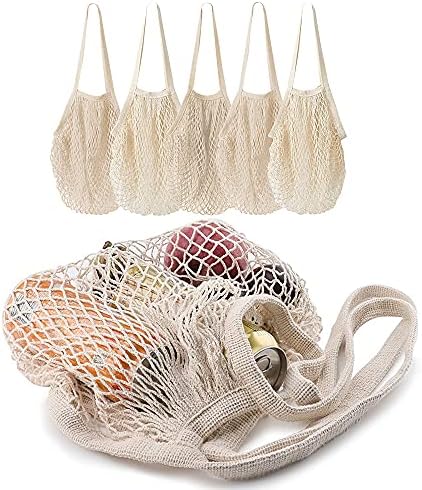 5 pack Cotton String Shopping Bags Reusable Washable Grocery Mesh Bags Organizer for Grocery Shopping Produce Net Bags with Longhandle for Fruit Vegetable Storage by MERCURHOUSE