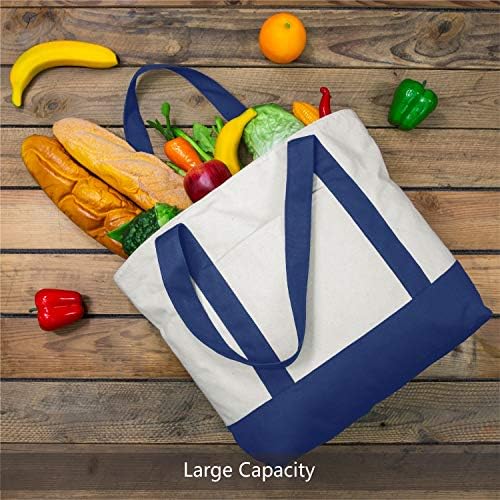 TOPDesign 1-Pack Canvas Tote Bag with an External Pocket, Reusable Grocery Shopping Bag, Top Zipper Closure, Daily Essentials (Blue/Natural) - Image 4