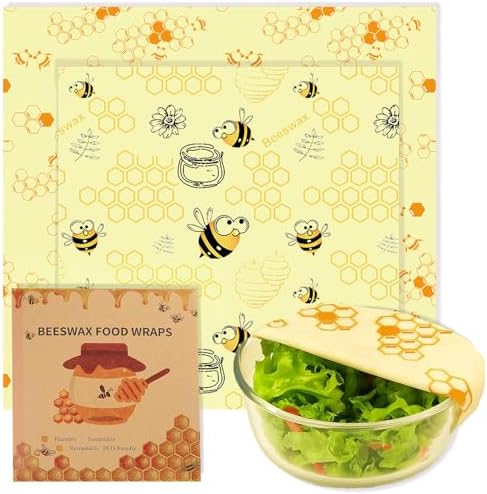 2 PCS Reusable Beeswax Wraps 14 x 13 Inch & 11 x 10 Inch Beeswax Sandwich Wraps for Food Eco-Friendly Sustainable Food Storage Wraps by NEOHANA