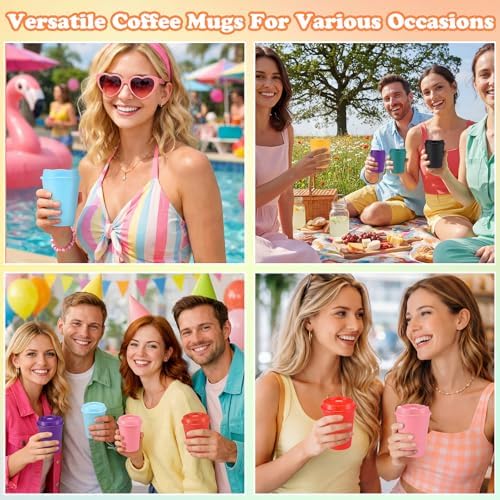 Honeydak 45 Pack 12 oz Reusable Coffee Cups with Lids Portable Tea Cups Reusable Hot Coffee Mugs Tumblers Bulk Plastic Tumblers Travel Drinks Mugs for Hot and Cold Drinks(Multicolor,Classic) - Image 6