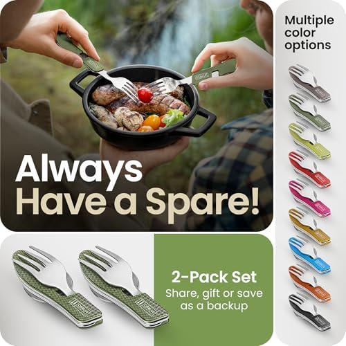 Orblue 4-in-1 Camping Eating Utensils, 2-Pack - Portable Spoon, Fork, Knife & Bottle Opener Combo Set - Stainless Steel Flatware with Detachable Fork - Backpacking Cutlery Multitool, Olive Green - Image 6