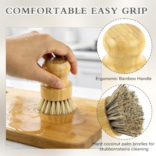 AUEAR, Natural Bamboo Dish Scrub Brush Cleaning Pot Scrubber Brushes Coconut Bristles for Cast Iron Skillet Pots Pans (2 Pack, 2 Colors) - Image 3