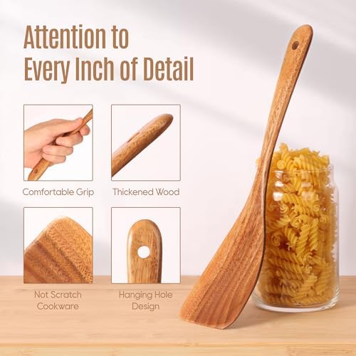 5 Pcs Natural Teak Wooden Spoons for Cooking, Non Toxic Wooden Utensil Set - Image 3