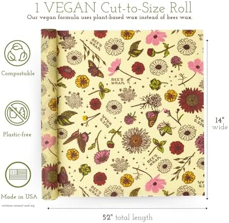 Bee's Wrap Vegan Beeswax Wraps for Food - Cut to Size 14x52" Beeswax Wrap Roll - Plastic Free Made in USA Reusable Natural Food Wrap - Meadow Magic - Image 2