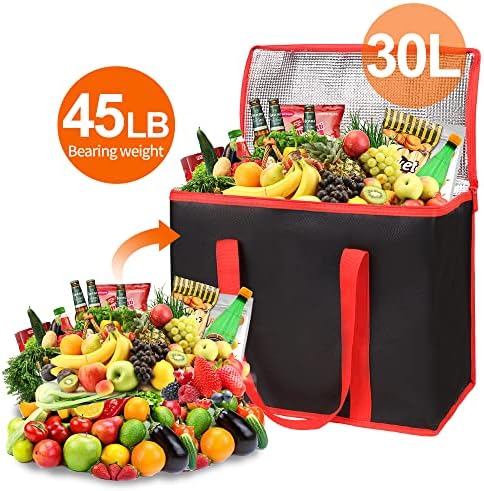 Bodaon 2-Pack Insulated Reusable Grocery Shopping Bags, X-Large Picnic Cooler Bag with Zipper Zippered Top Cold, Black with Red Edge - Image 4