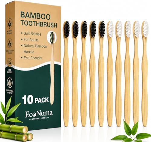 Bamboo Toothbrushes for Adults 10 Pack, Eco Friendly Wooden Toothbrush with Soft BPA Free Bristles, Natural Biodegradable Organic Toothbrush, Plastic Free Bulk Toothbrushes for Sustainable Oral Care by EcoNoma