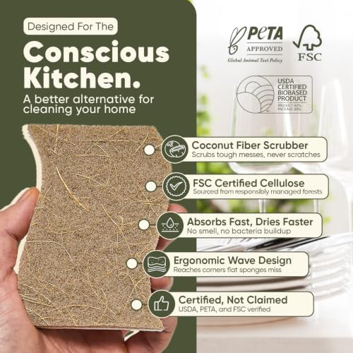 Plant-Based Kitchen Sponges (12 Pack) | USDA Biobased Certified | FSC & PETA Approved | Natural Cellulose & Coconut Scrubber Sponge | S-Shaped Design | Eco-Friendly, Non-Scratch, Non-Toxic & Vegan - Image 2