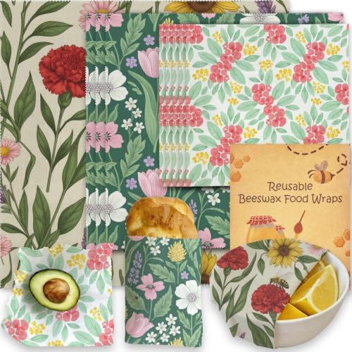 Reusable Beeswax Wraps, Garden Flowers Wraps, 9 Pack Eco-Friendly Food Storage, Organic, Sustainable, Zero Waste, Plastic-Free, Sandwich, Bowl, Bread, Fruit, 1XL, 3M, 5S by Unknown