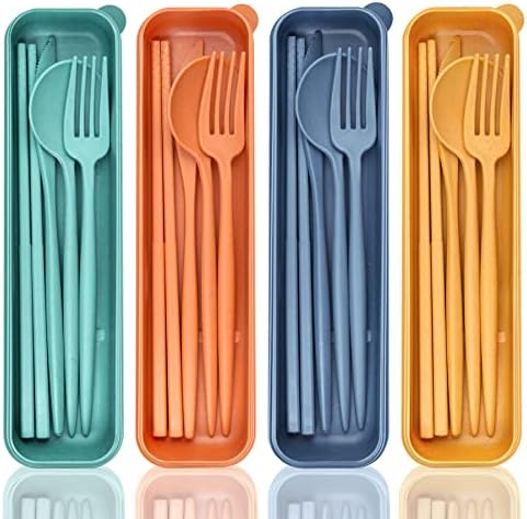 DISSKNIC Reusable Travel Utensils with Case, 4 Sets Wheat Straw Portable Cutlery Set Chopsticks Knives Fork and Spoon for Lunch Box Accessories, Camping Flatware Sets for Daily Use or Outdoor by DISSKNIC