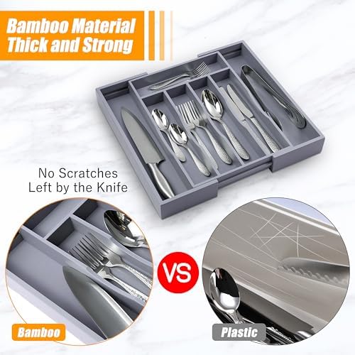 Kitchen Silverware Drawer Organizer and Storage Bamboo Wood Cooking Utensil Holder Cutlery Knife Jewelry Spice Rack Spoon Fork Multi Cabinet Organization Bathroom Counter Expandable Adjustable Tray - Image 2