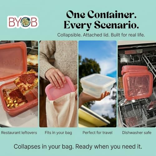 BYOB Collapsible Silicone Food Containers with Attached Lids – Reusable To-Go & Leftover Containers, Platinum Silicone, Leak-Resistant – 4 Pack (Pink) - Image 4