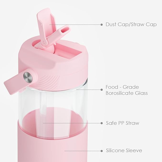 Glass Water Bottle with Silicone Sleeve and Straw Lid 20oz for Girls Women, Glass Drinking Bottles for Travel Home Gym Sports (Rose Cloud)