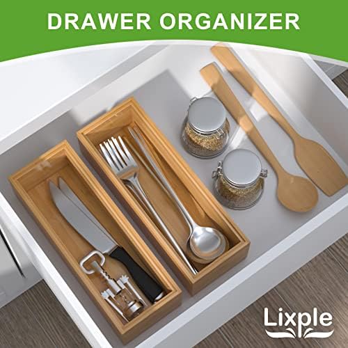 Lixple Bamboo Drawer Organizer – Set of 2 Stackable Storage Boxes, Silverware Tray & Small Gadget Holder for Kitchen Drawers, 9" x 3" x 2" (Outer), 8.3" x 2.3" x 1.77" (Inner) - Image 3