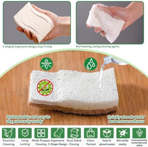 Sponges Kitchen Natural Dish Sponge Plant-Based Biodegradable Compostable Cellulose with Coconut Scrubber Sponge Non Scratch Eco Friendly Kitchen sponges for Kitchen Dishes（Pack of 16） - Image 2