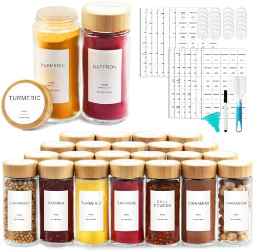 AISIPRIN Glass Spice Jars with 398 Labels-4oz 24 Pcs,Round Seasoning Jars with Bamboo Airtight Lids,Spice Container Set -Shaker Lids, Funnel,Brush and Marker Included by AISIPRIN