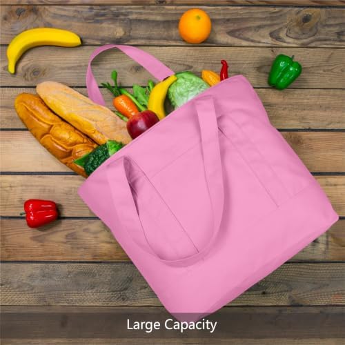 TOPDesign 1-Pack Canvas Tote Bag with an External Pocket, Reusable Grocery Shopping Bag, Top Zipper Closure, Daily Essentials (Pink) - Image 3