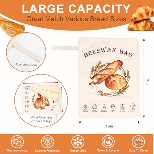 2 Pack Reusable Beeswax Bread Bags for Sourdough, Cotton Bread Bag with Wide Zipper Opening & Handle, XL Bread Bags for Homemade Bread, Keeps Bread Fresh Longer - Image 2
