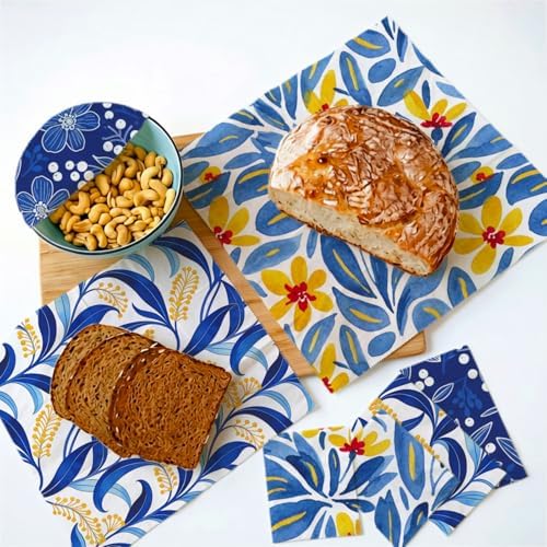Reusable Beeswax Wrap, Blue Botanical & Floral Wraps, 9 Pack Eco-Friendly Food Storage for Sandwich, Bread & Bowl, Organic Cotton, Sustainable, Zero Waste, Plastic-Free, 1XL, 3M, 5S - Image 4