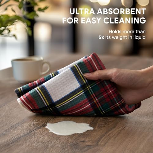 RECYCO Christmas Waffle Kitchen Towel Set of 2 - Quick Dry Microfiber Sustainable Dish Towels - Ultra Absorbent Reusable Cleaning Tea Towels - Lightweight Hand Towels,16”x 28”, Plaid - Image 3