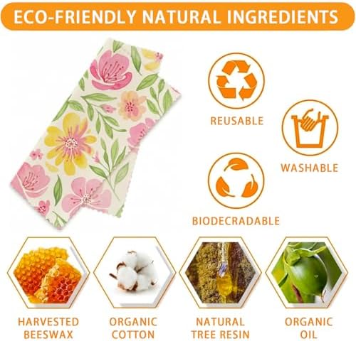 Beeswax Food Wraps, Pink Flowers and Green Leaves Wraps, 9 Pack Plastic-Free Food Storage, Sandwich, Bread, Fruit Covers, Organic, Sustainable, Zero Waste, Biodegradable, 1XL, 3M, 5S - Image 2
