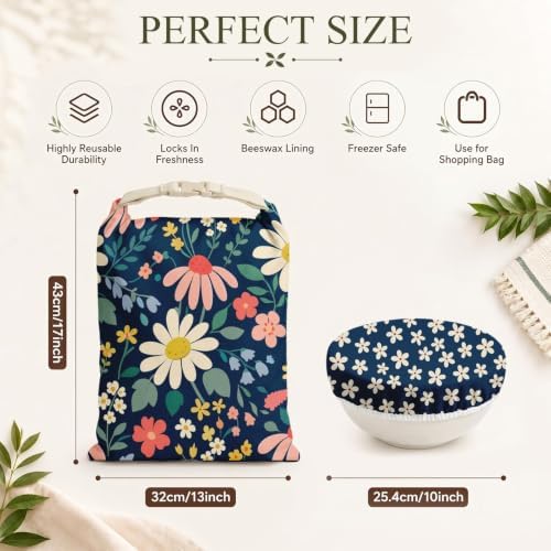 Britimes Reusable Bread Bags Set, Beeswax, XL, Zero Waste, Daisy Retro - Image 3