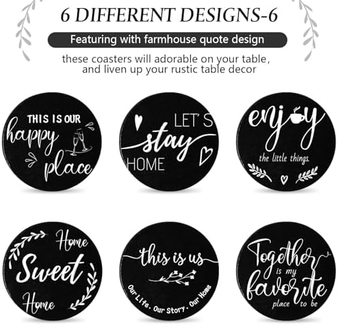 Queekay House Warming Gifts New Home Farmhouse Coasters Set of 6, Black - Image 4