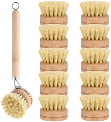 11 Pcs Bamboo Dish Brush Set, Multifunctional Bamboo Dishwashing Scrub Brush with Natural Sisal Bristles, Wooden Handle Dish Brush with Replacement Heads for Cleaning Pots Dishes Pans Vegetables by Unknown
